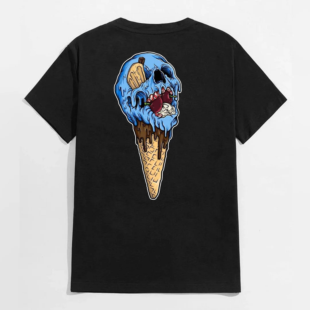 Blue Skull Ice Cream Black Print T-shirt