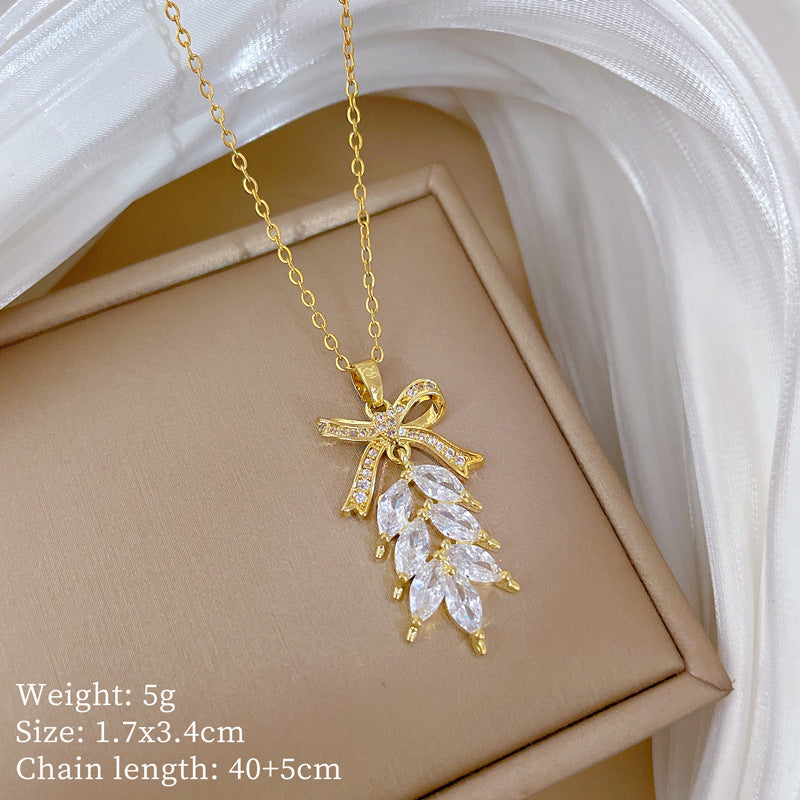 Tassel Bowknot Full Diamond Gorgeous Full Diamond Necklace Women’S Versatile Clavicle Chain Titanium Steel