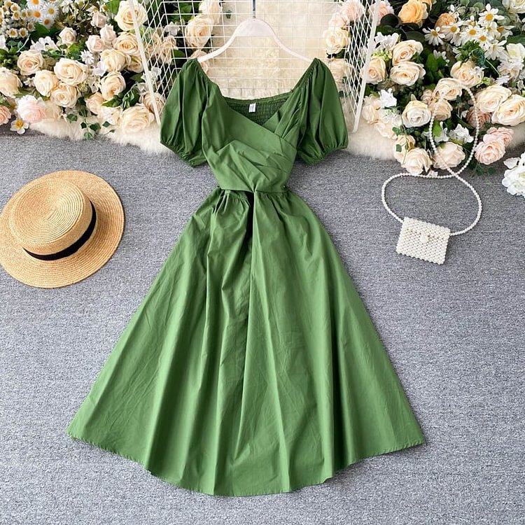Cottagecore Fashion Puff-Sleeve A-Line Midi Dress CF30
