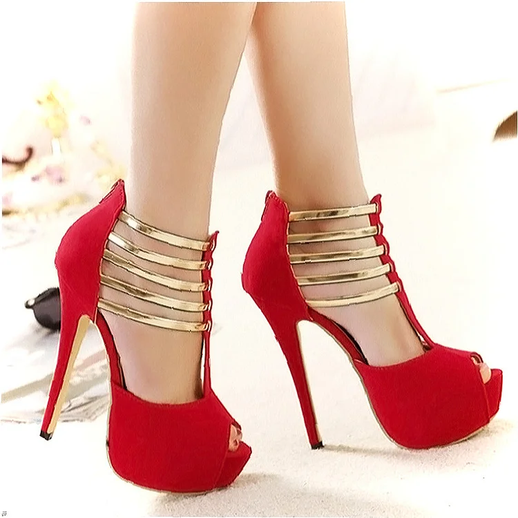 Coral Peep Toe T-Strap Stiletto Sandals with Gold Heels Vdcoo