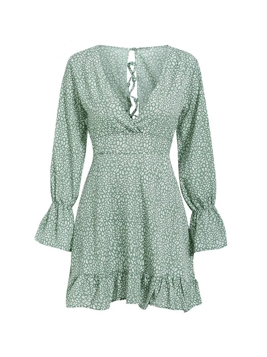 Casual Dress Elegant V-neck Ruffle Sleeves Dots Dress