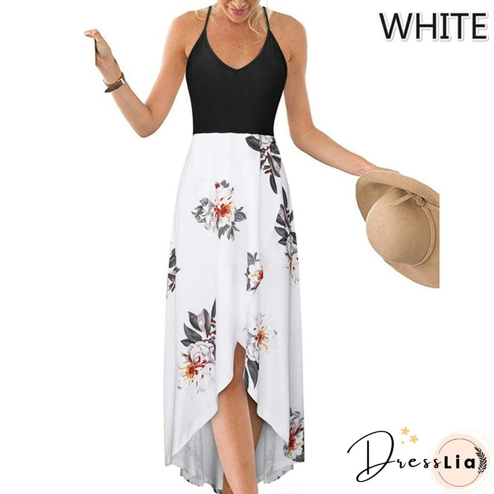 Women&rsquo;s Fashion Summer Casual Floral Printed V-Neck Sling Dress High Waist Big Swing Dress Backless Dress