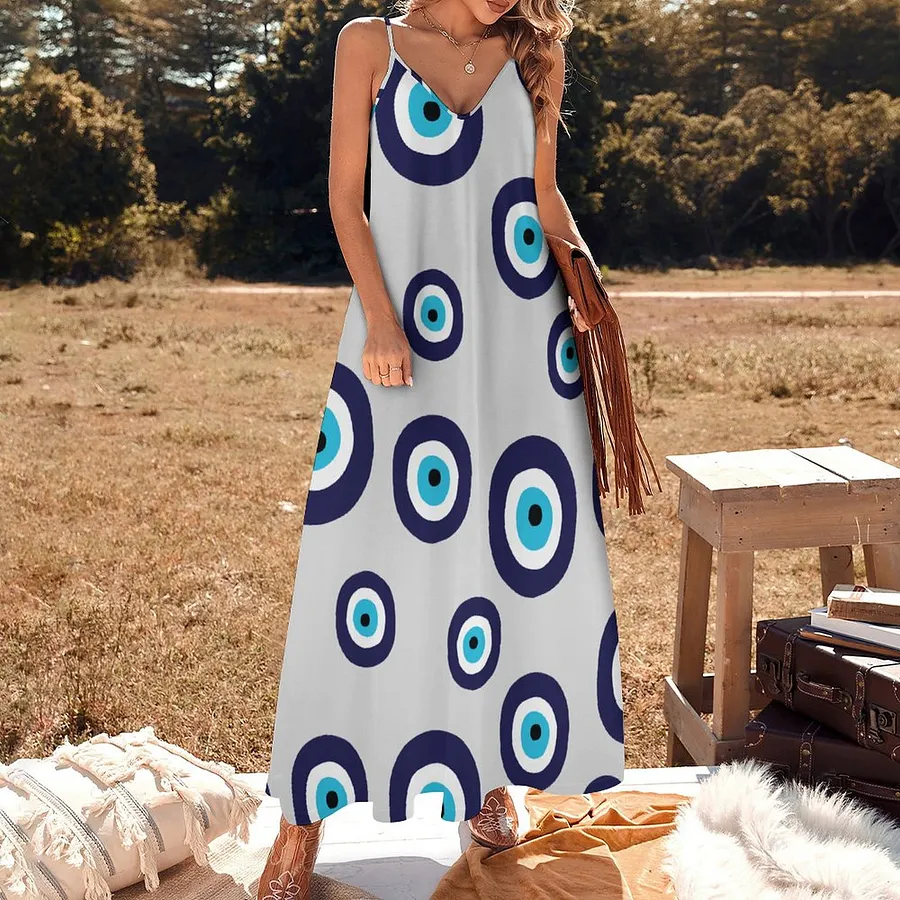 Blue Greek Evil Eye Women's Casual Strappy V Neck Sleeveless Flowy Loose Long Maxi Beach Dress Sundress Blue-3XL