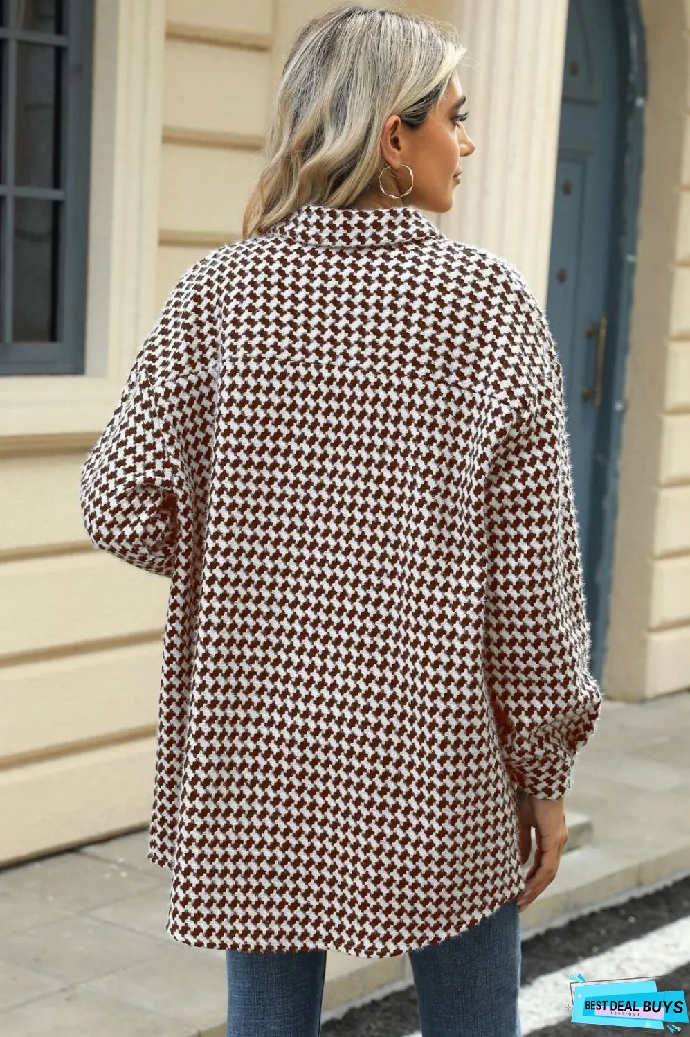 Houndstooth Button Up Dropped Shoulder Coat
