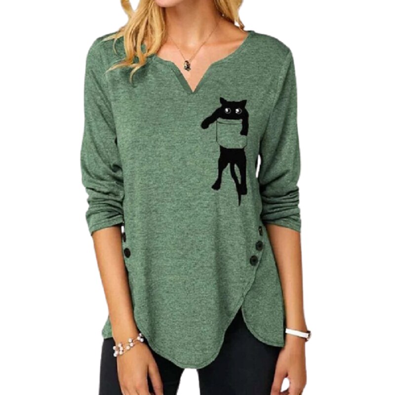 Women Lovely Pocket Cat Printing Long Sleeve V-Neck Casual Button Top