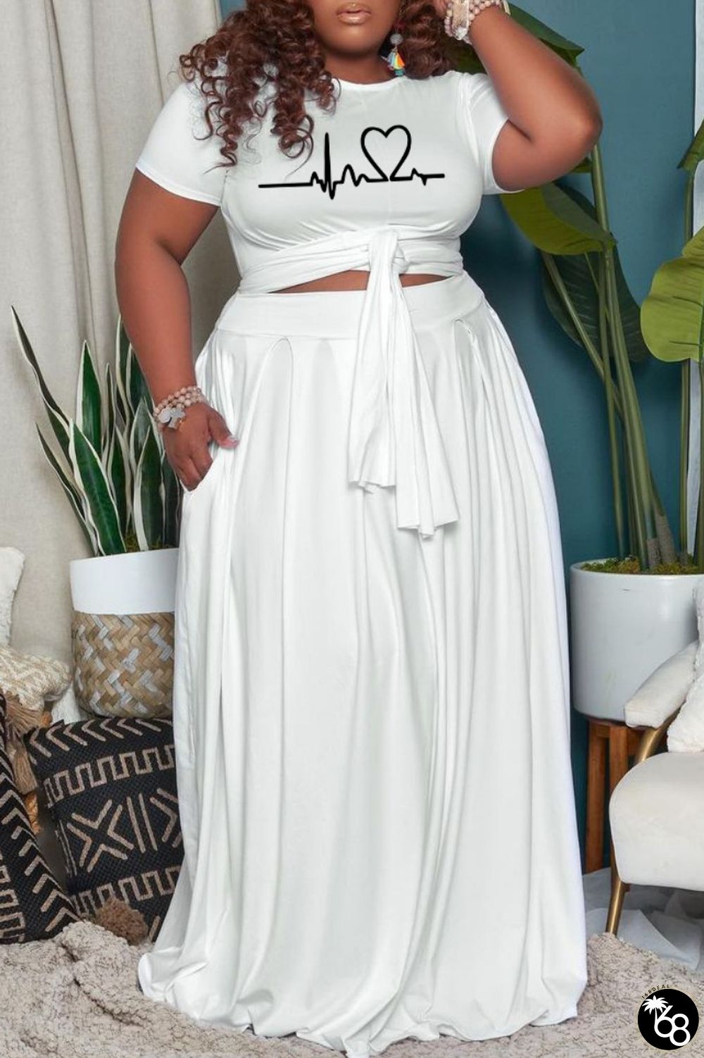 White Casual Bandage O Neck Plus Size Two Pieces | 168DEAL