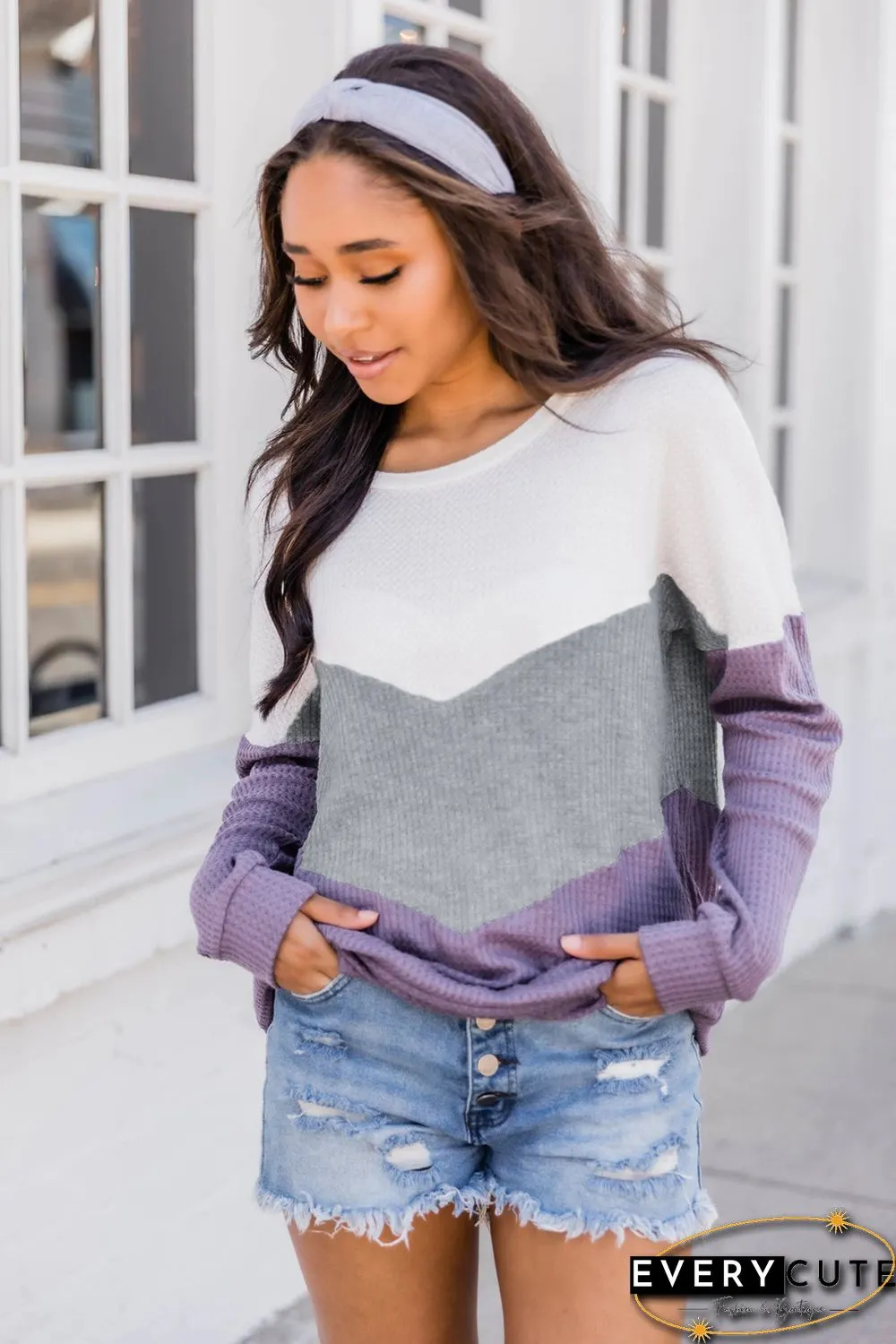 Purple Chevron Waffle Colorblock Pullover Sweatshirt