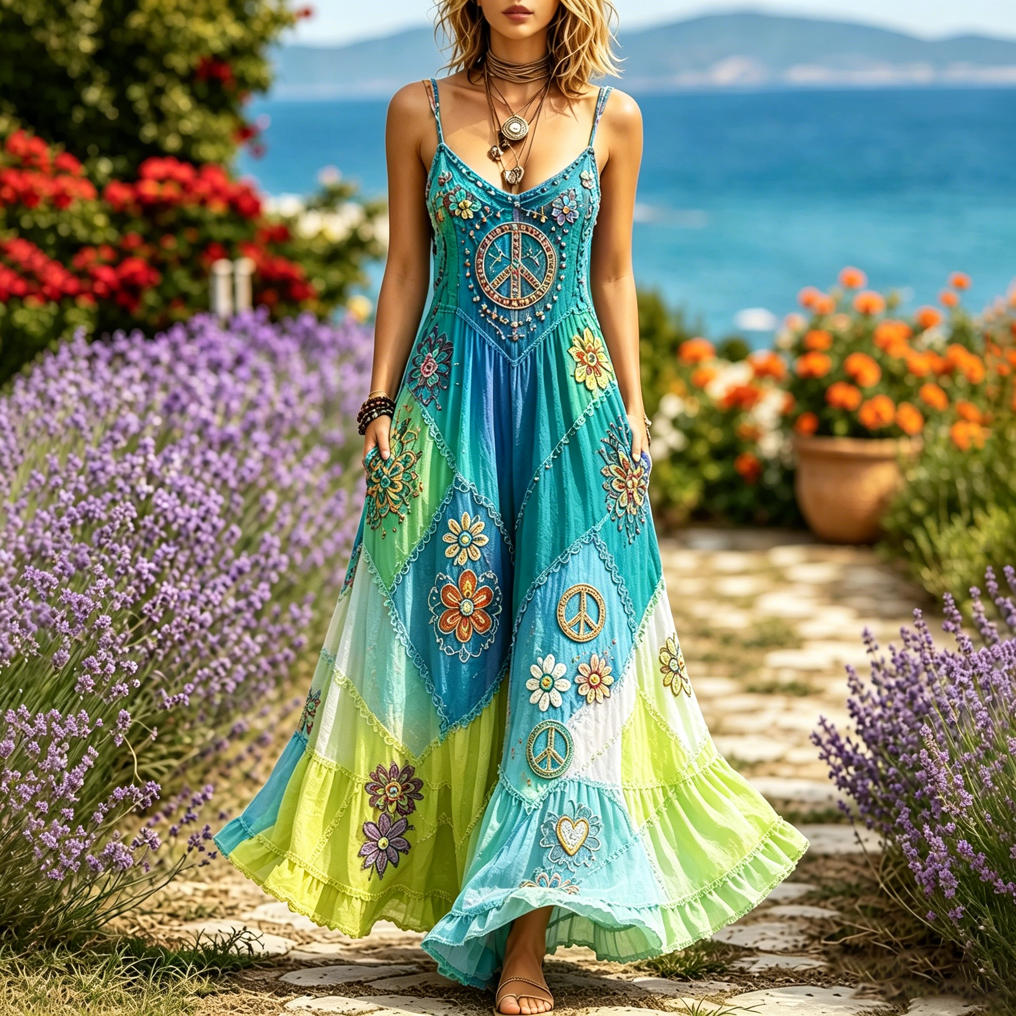Women's Hippie Floral Peace Sign Contrast Patchwork Sleeveless Dress elevenforest