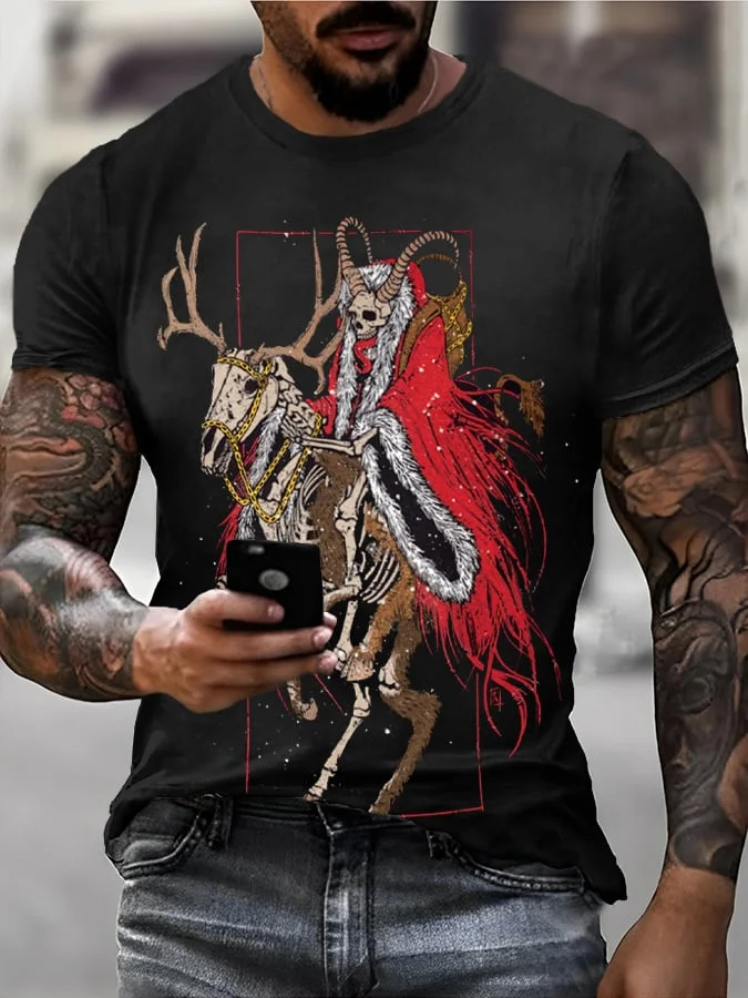 Men's Horror Skeleton Reindeer Santa Print T-Shirt