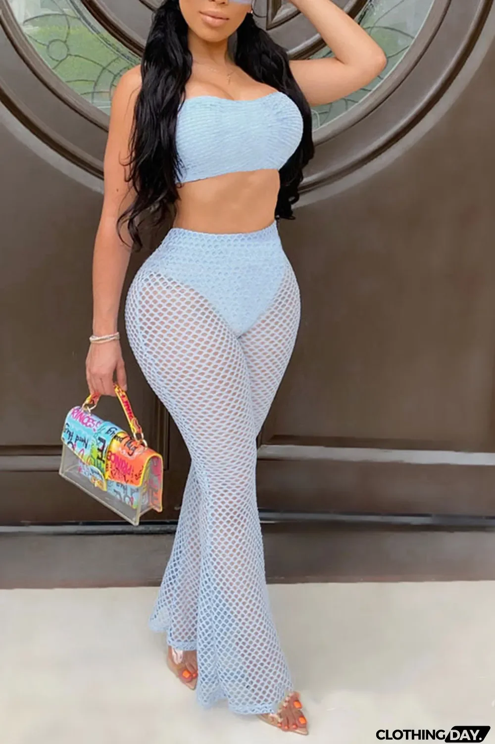 Orange Polyester Fashion Casual Mesh Loose Sleeveless Two Pieces