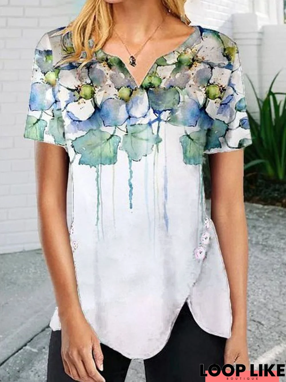 Floral Printed Cotton-Blend Casual Tunic T-shirt