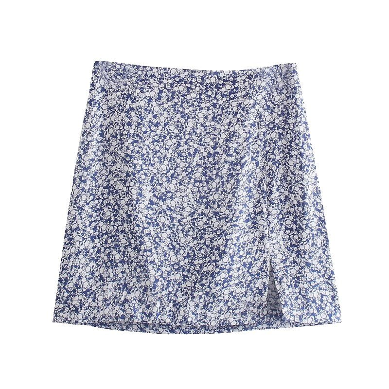 TRAF Women Chic Fashion Floral Print Front Slit Mini Skirt Vintage High Waist Side Zipper Female Skirts Mujer