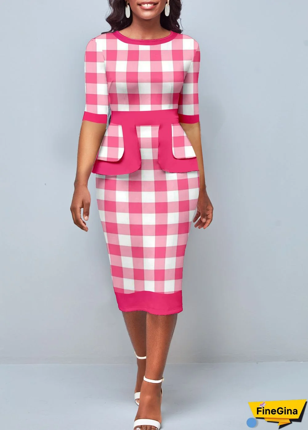 Pink Plaid Round Neck Bodycon Dress