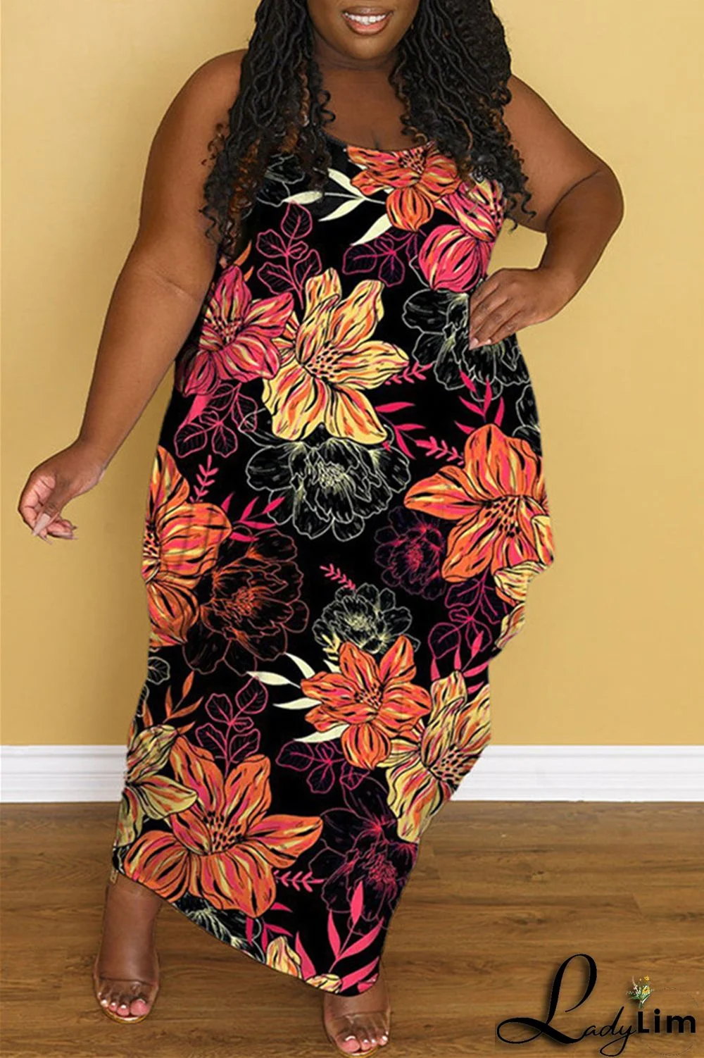 Black Fashion Casual Plus Size Print Backless Spaghetti Strap Long Dress