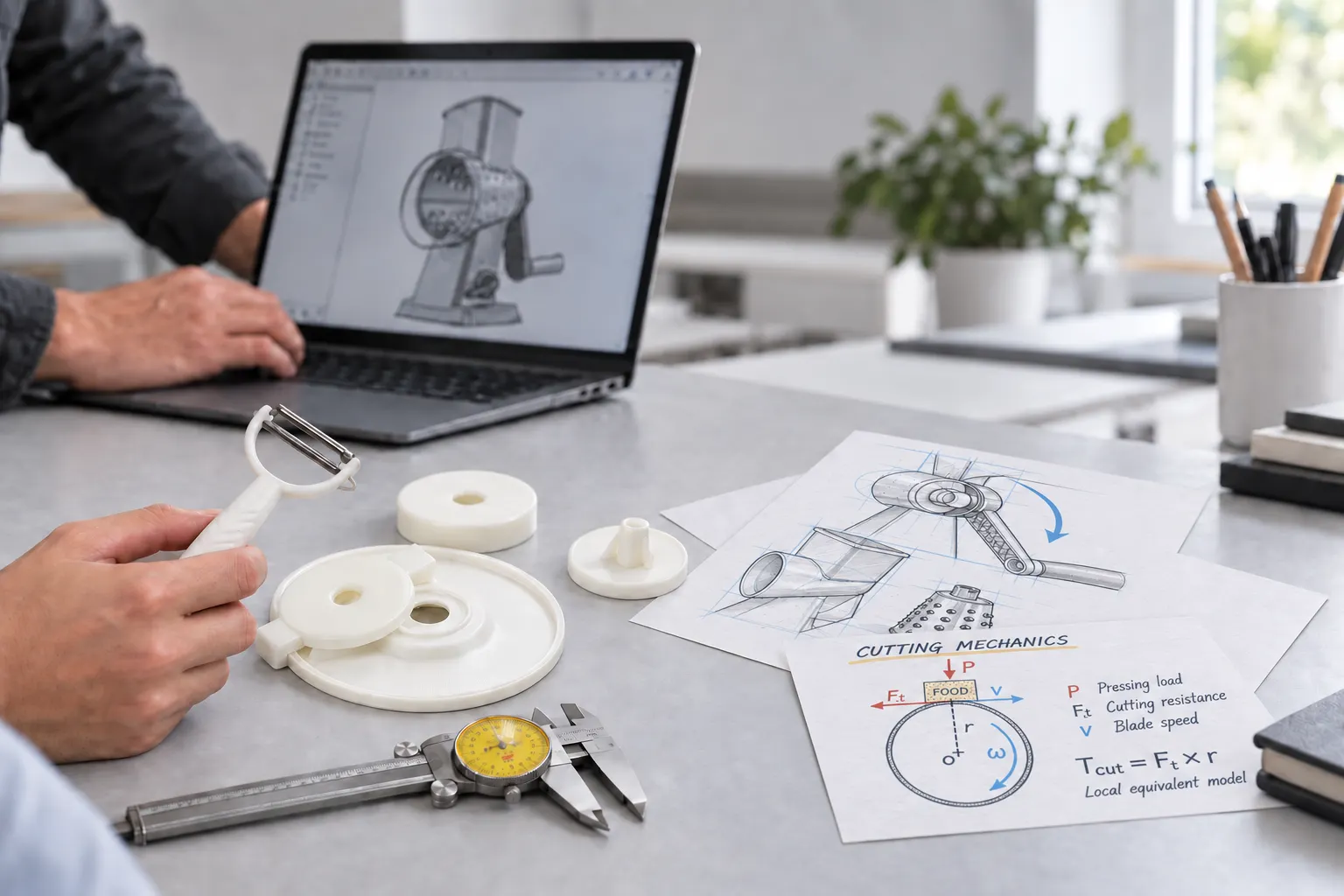 Product development concept with prototype parts, measuring tools and mechanical design sketches