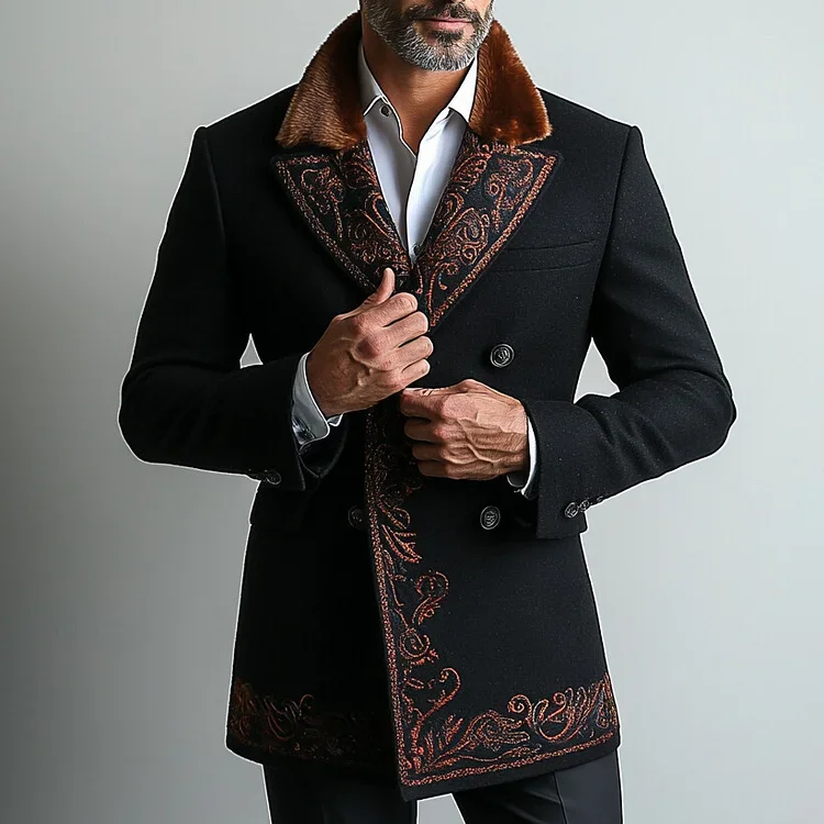 Mens Ethnic Pattern Fuzzy Lapel Double Breasted Blazer-inspireuse