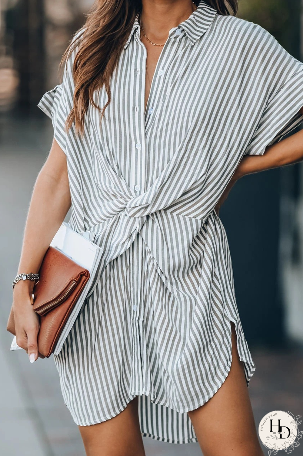 KarliDress Striped Knot Loose Shirt Dress P12817