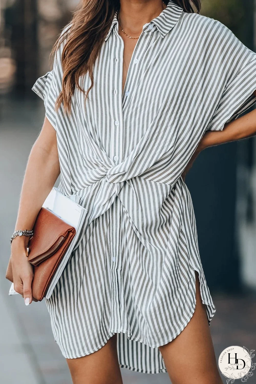 KarliDress Striped Knot Loose Shirt Dress P12817