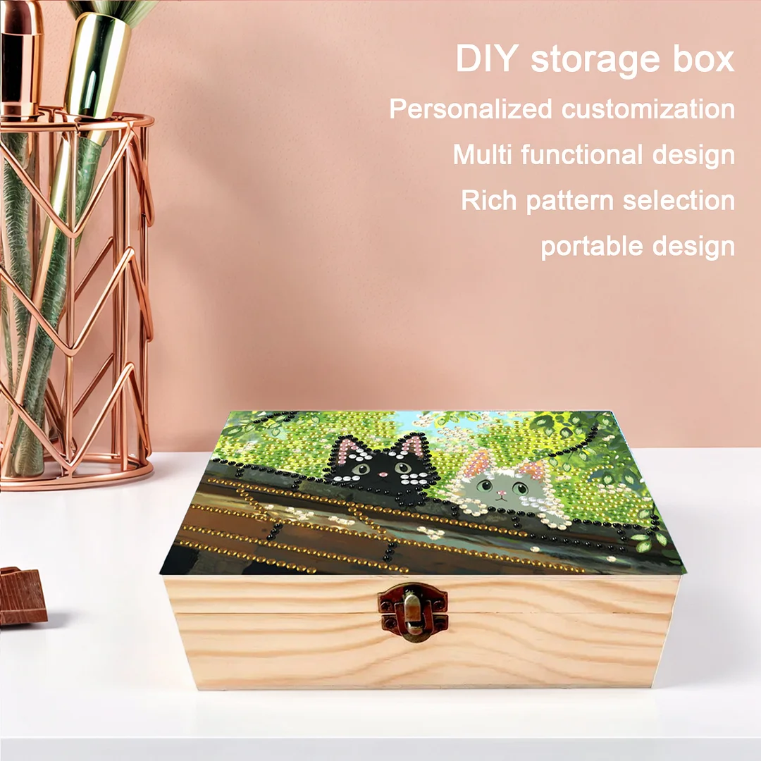 Black and White Cat DIY Wooden 5D Diamond Art Diamond Art Storage Box for Adults