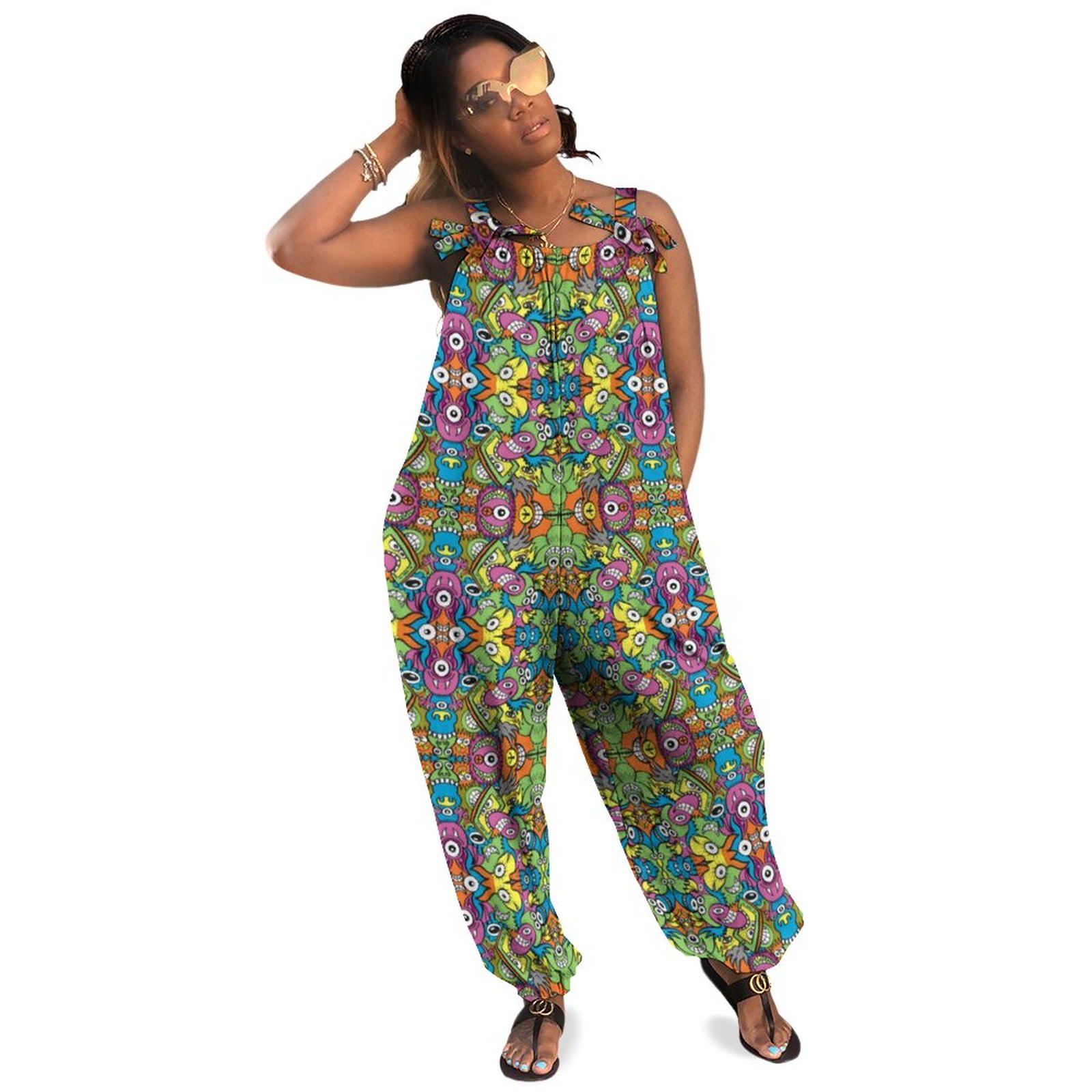 Odd Smiling Critters In A Whimsical Pattern Design Boho Vintage Loose Overall Corset Jumpsuit Without Top