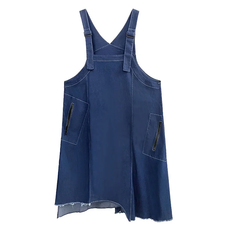 Vintage Solid Color Denim Suspender Midi Dress