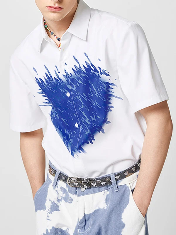 Aonga - Mens Heart Print Short Sleeve Lapel Shirt J