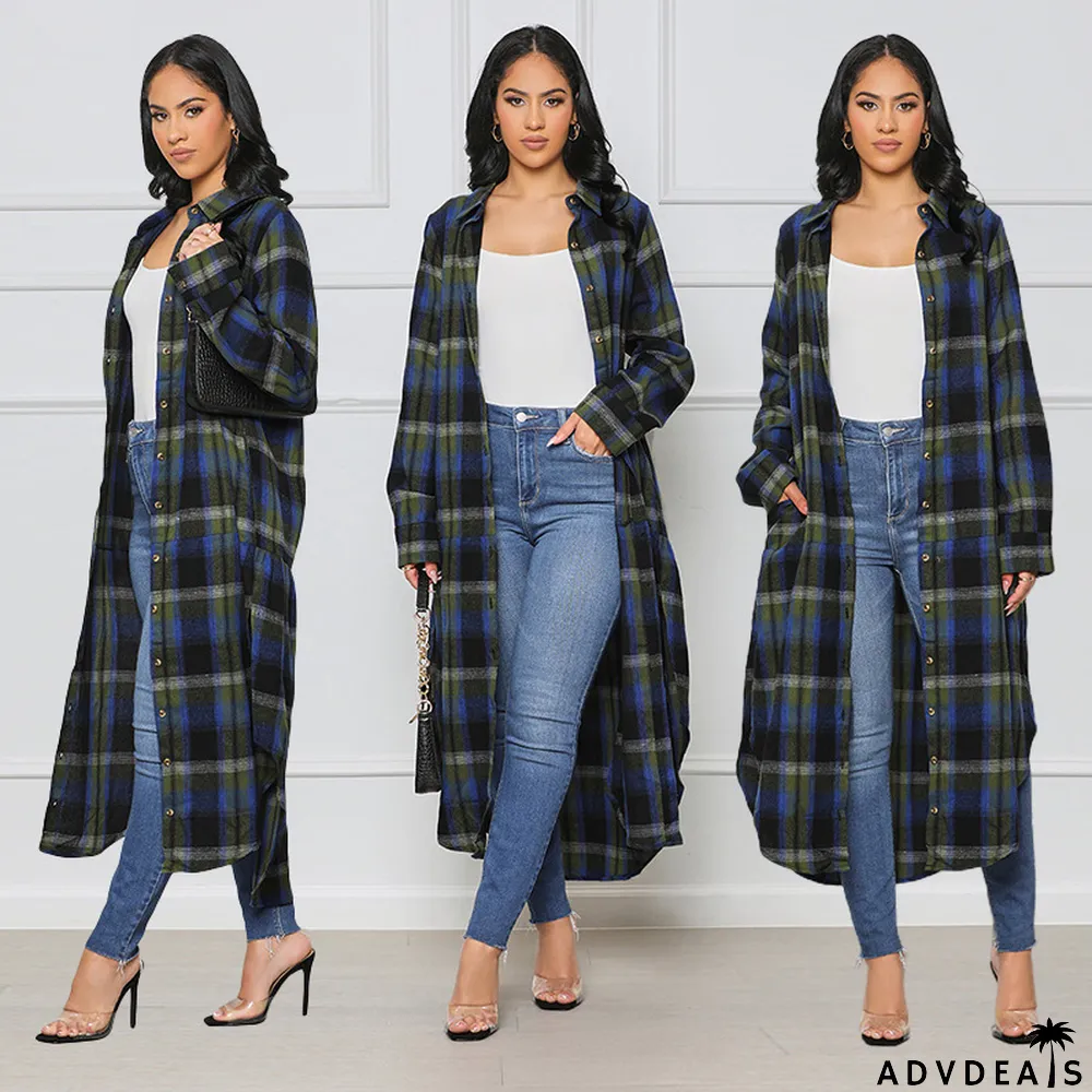 Women's Fashion Plaid Button Pockets Long Sleeve Slim Waist Coats