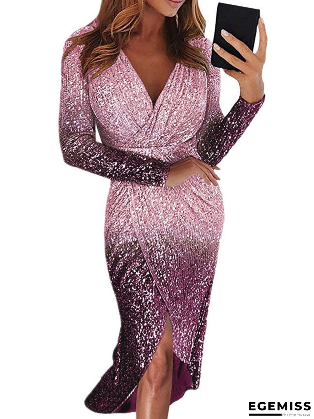 Long Skirt Evening Dress Long Sleeve Gradient Color Sequin Dinner Dress | EGEMISS