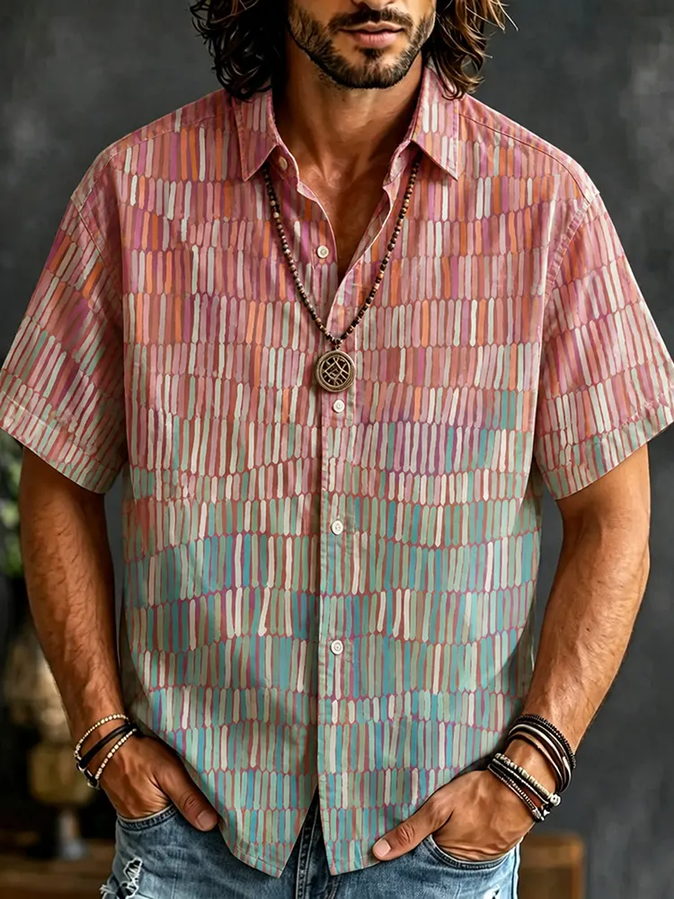 Men's Hippie Soft Pink And Cyan Gradient Vertical Short-sleeved Button Shirt