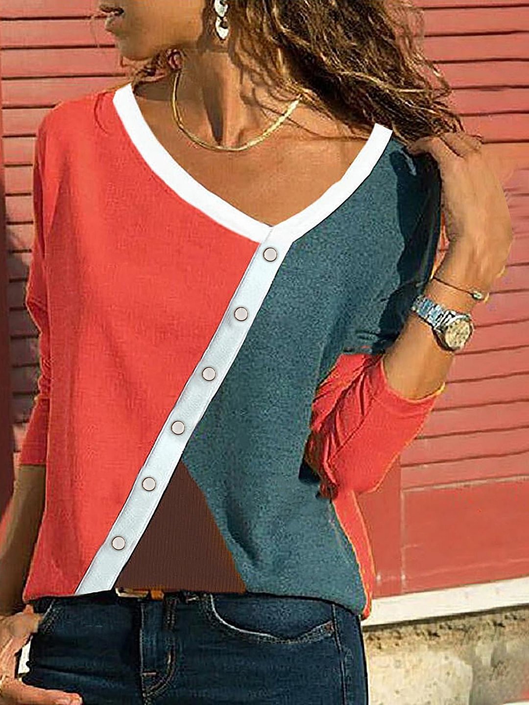 Contrasting Color Long-Sleeved Casual T-Shirt