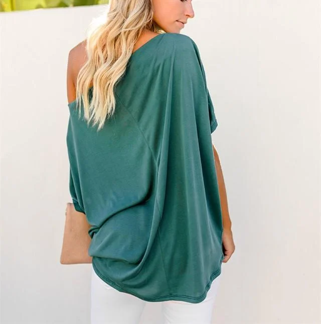 Sexy Pure Color Slanted Shoulder Baggy Blouse T-Shirt
