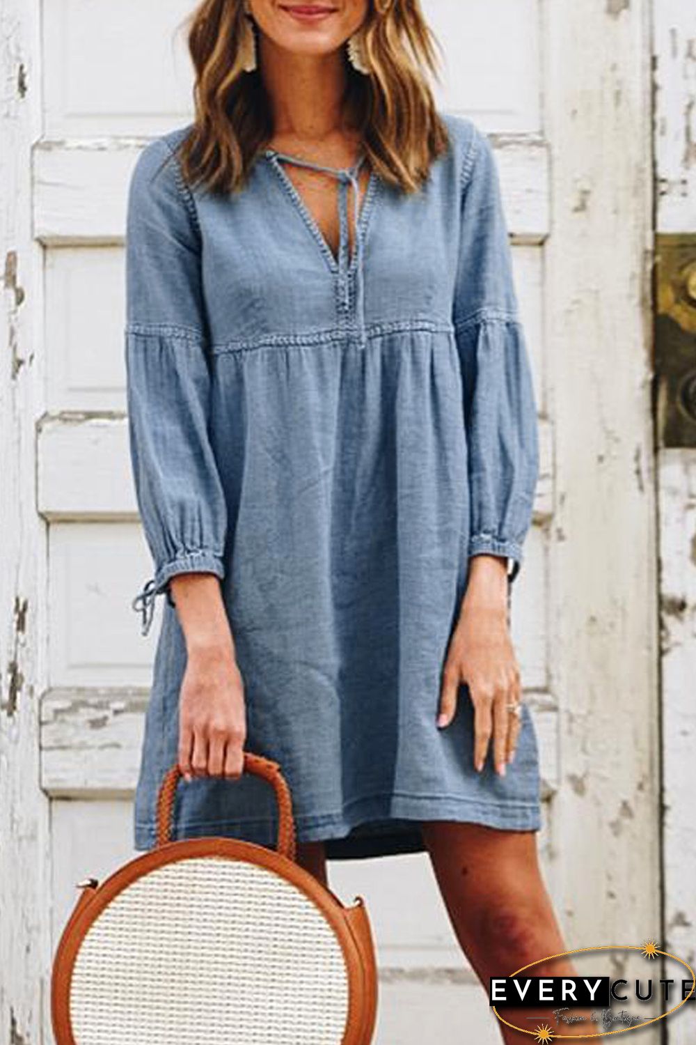 Sky Blue V-neck Lantern Sleeves Casual Mini Dress