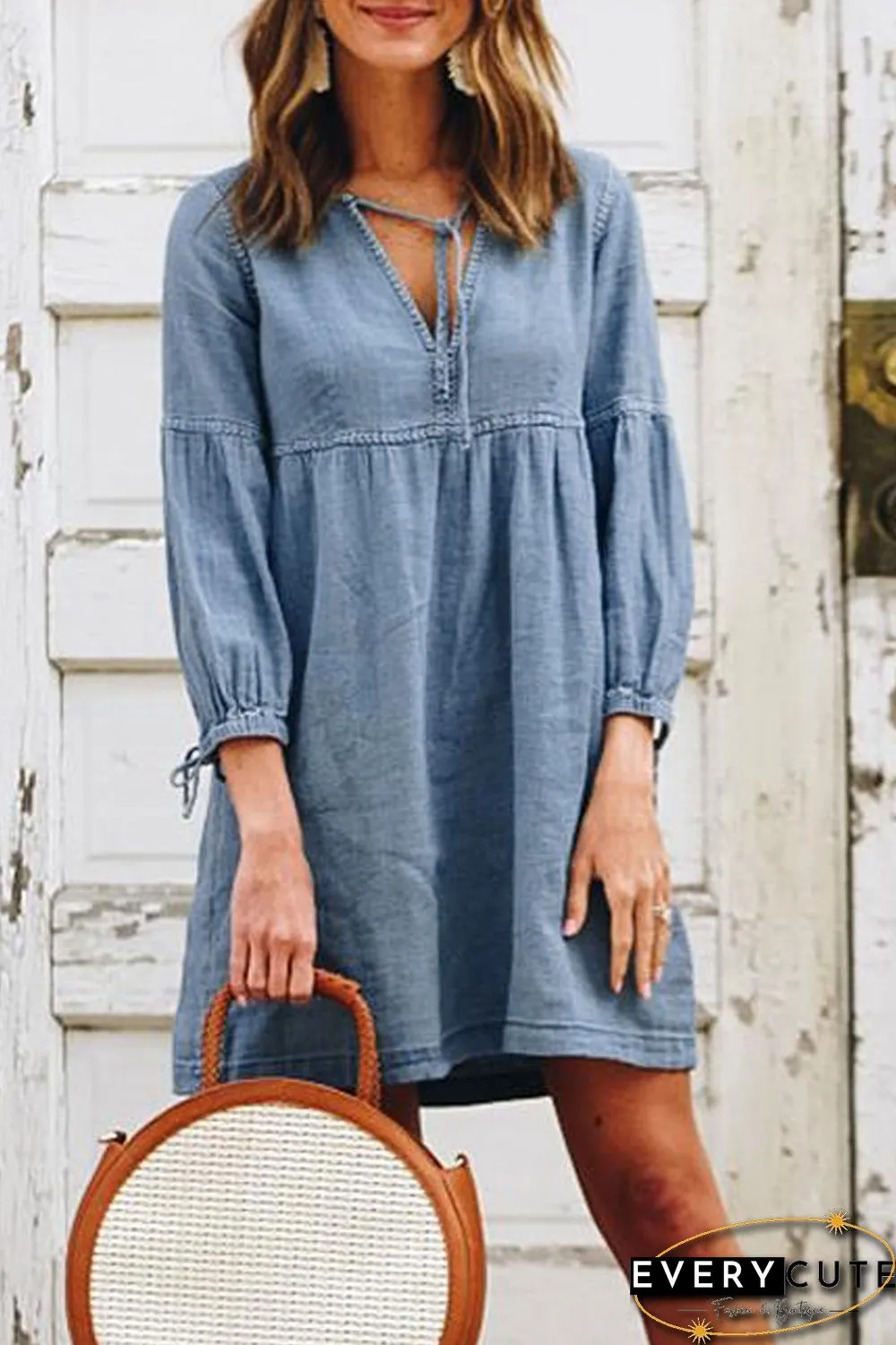 Sky Blue V-neck Lantern Sleeves Casual Mini Dress