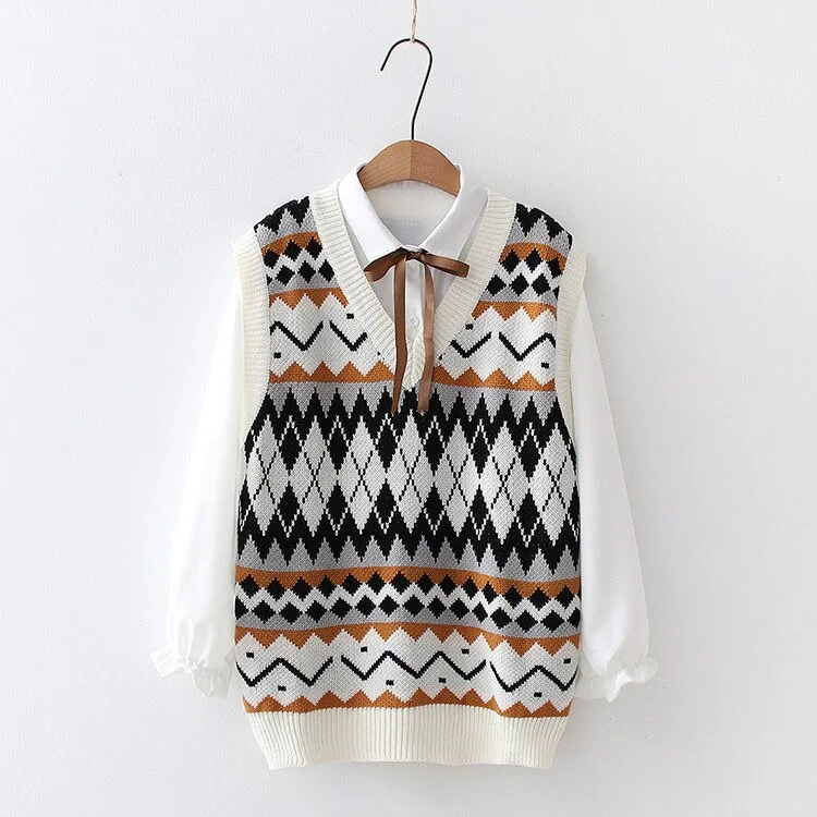 Sweater Vest Women Vintage Floral Vintage Japanese Style Students All-match Chic Fashion V-neck Loose Kawaii Sleeveless Sweaters