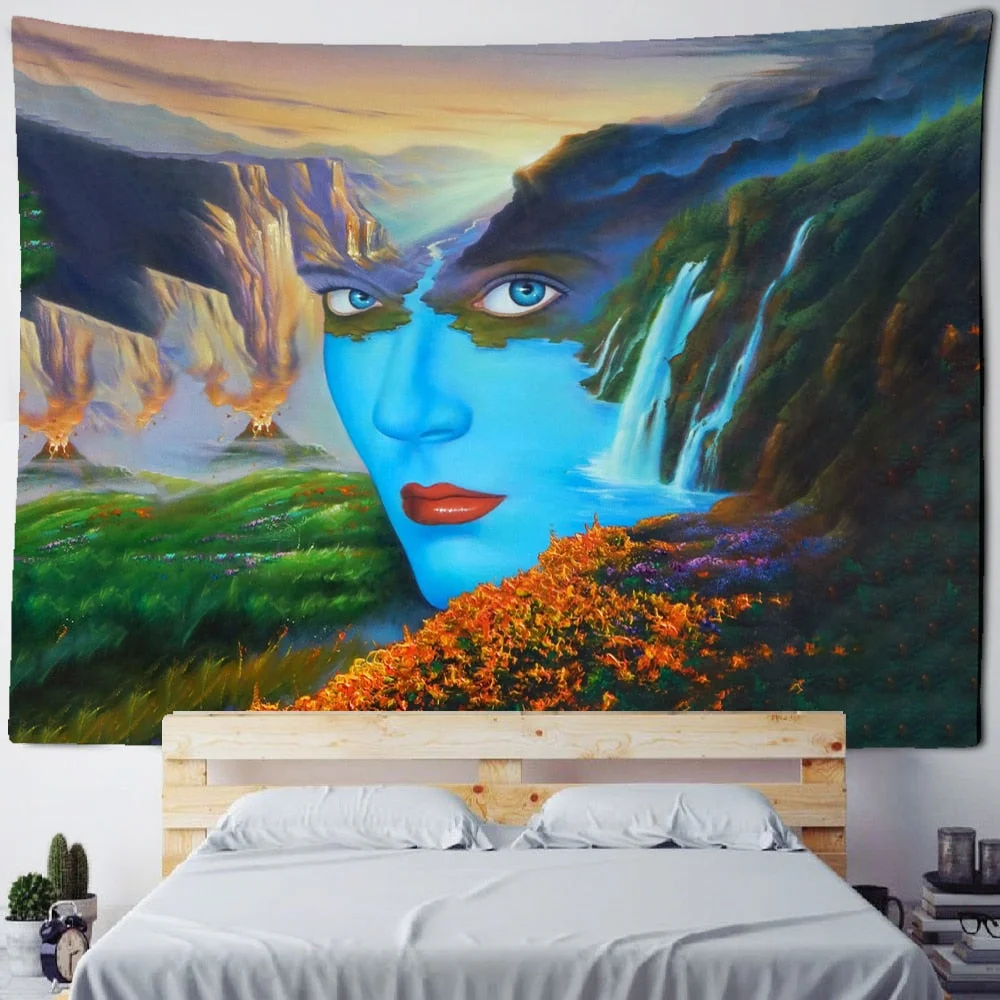 Landscape Woman Tapestry Wall Hanging Psychedelic Witchcraft Natural Mountains And Rivers Ink Painting Home Decor