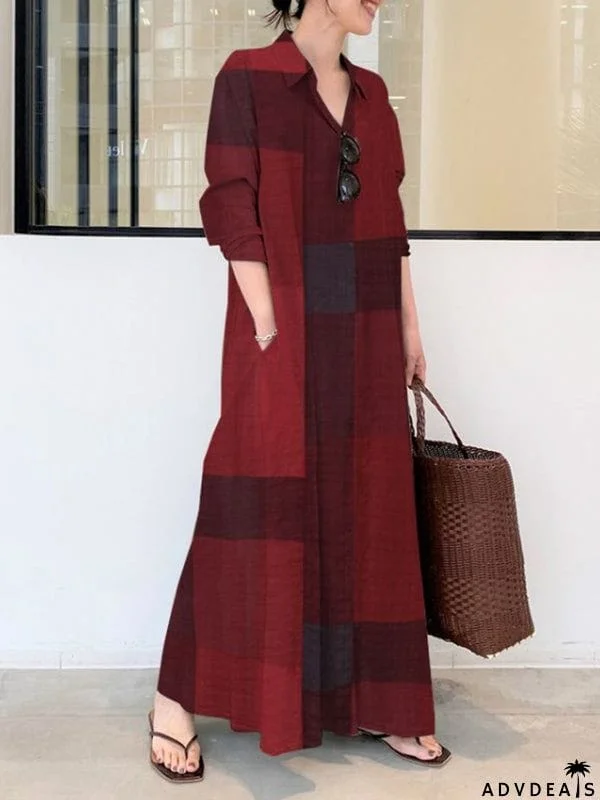 Long Sleeves Loose Plaid Pockets Lapel Maxi Dresses Shirt Dress