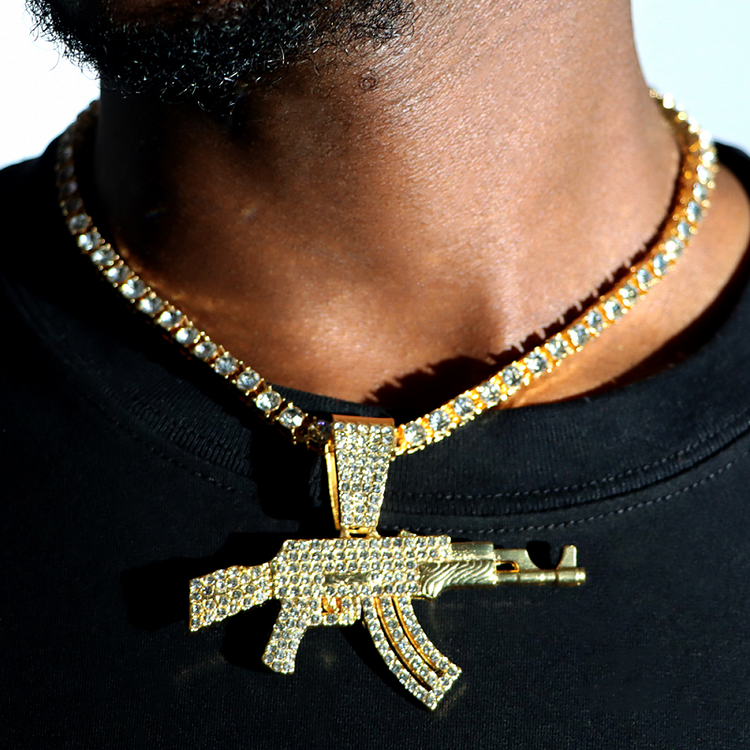 Bling Iced Out Submachine Gun Pendant Necklace Jewelry