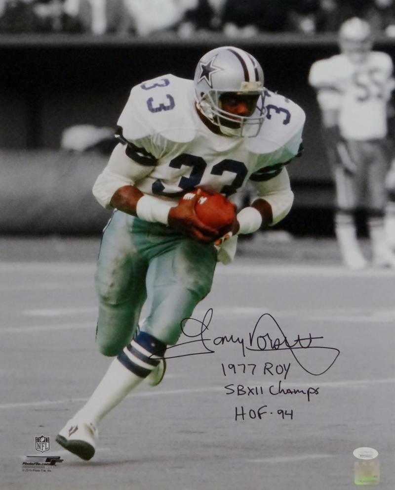 Tony Dorsett Signed Cowboys 16x20 PF BW & Color Photo Poster painting w/ 3 Insc- JSA W *1977 ROY