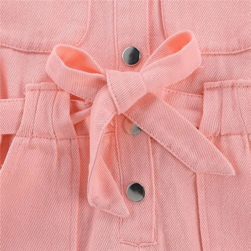 Infant Kids Baby Girls Denim Jumpsuit Work Clothes One Piece Toddler Standing Collar Pocket Short Sleeve Romper for Children
