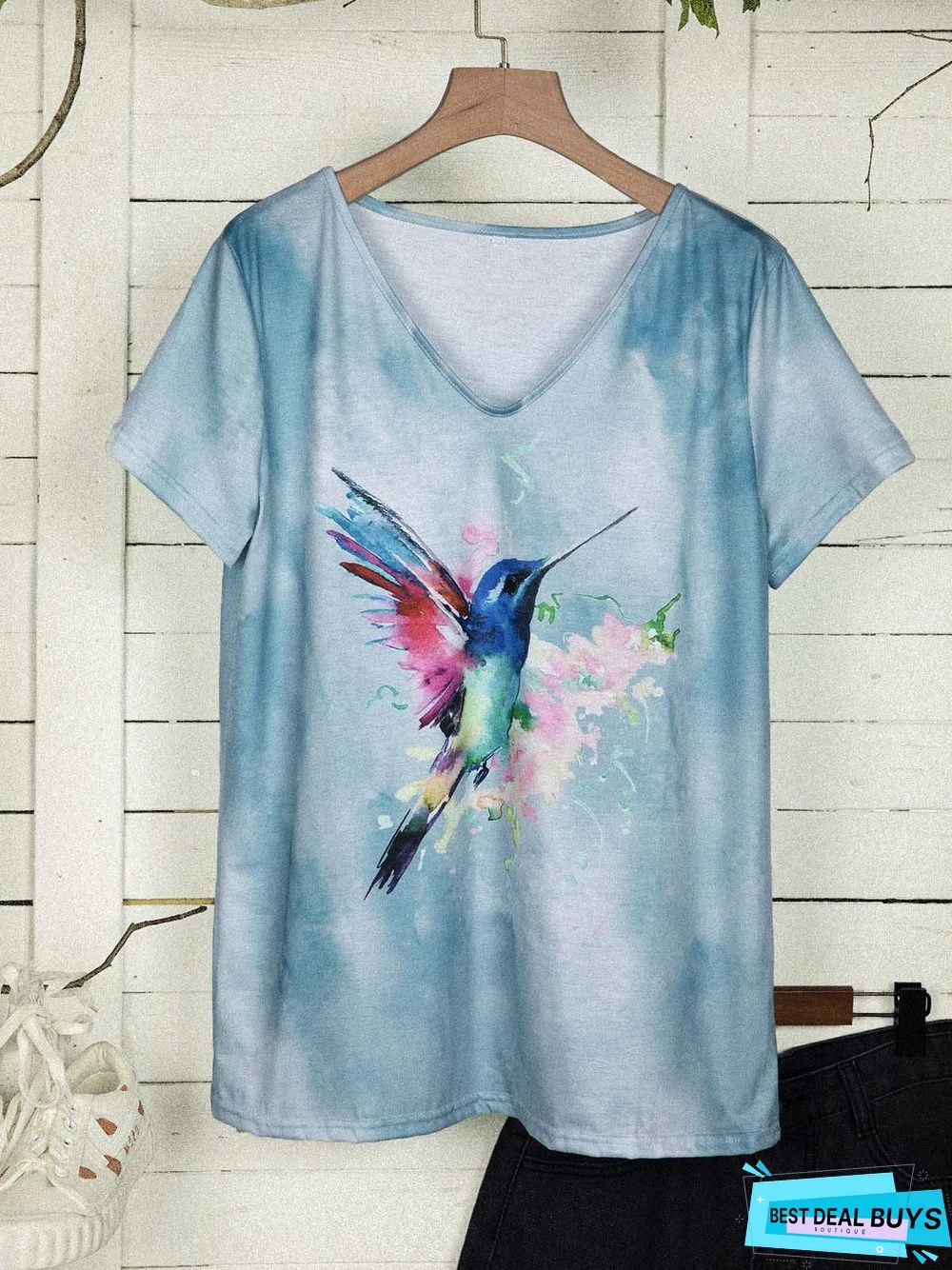 Bird Print V Neck Cotton-Blend Short Sleeve T-Shirts