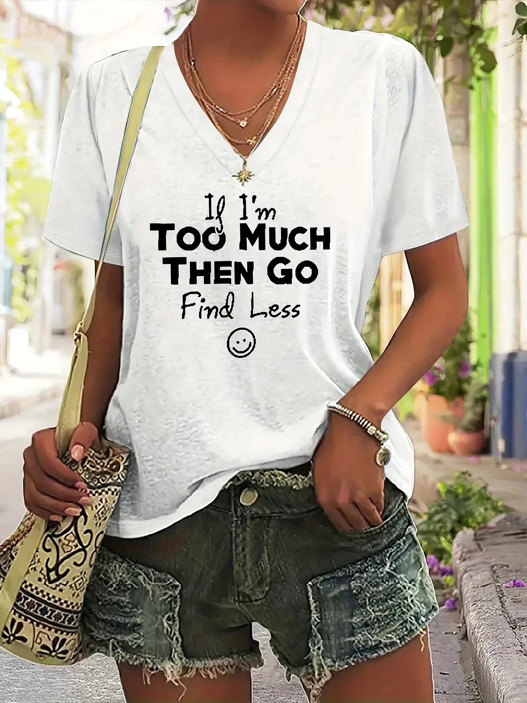 Women's Casual V-Neck Short-Sleeve T-Shirt With "If I'm Too Much Then Go Find Less" Slogan Print - Lightweight Stretchy Fabric, Machine Washable, Non-Transparent, All-Season Versatile Wear, Vibrant Green, Short Sleeve Blouses, Summer Clothing | IFYHOME