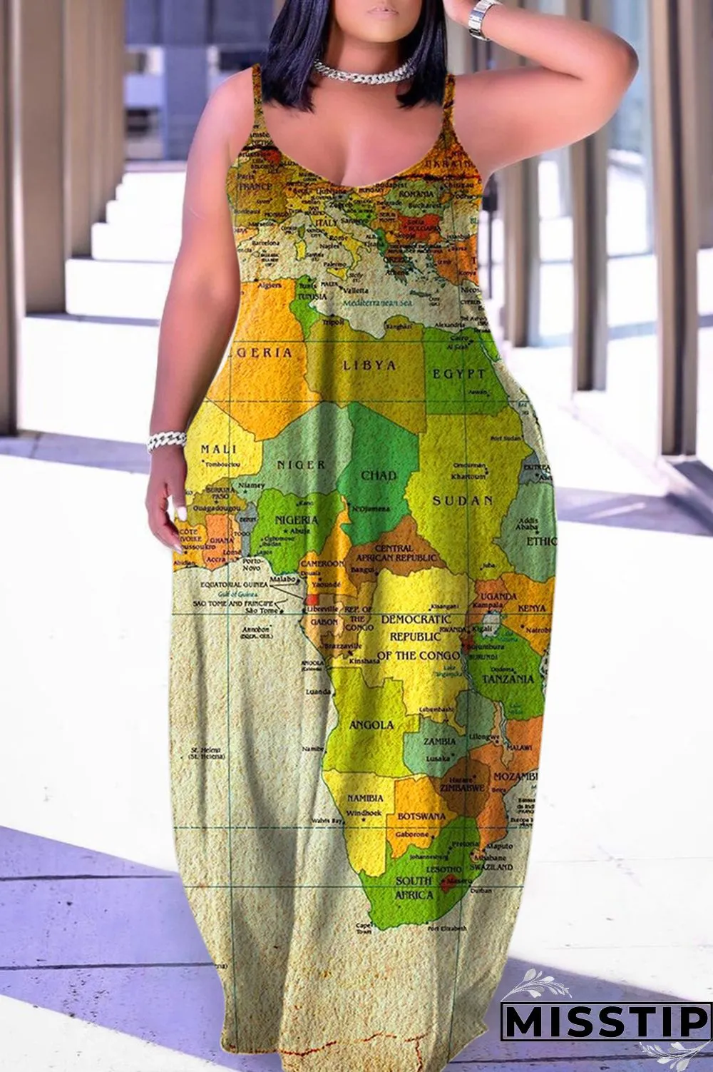 Tangerine Red Sexy Casual Print Backless Spaghetti Strap Long Dress Dresses