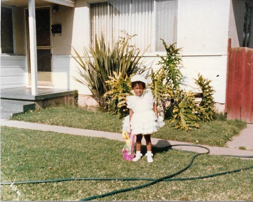 A Little Girl + Her Easter Basket Wearing A White Dress FOUND Photo Poster painting Color 04 26