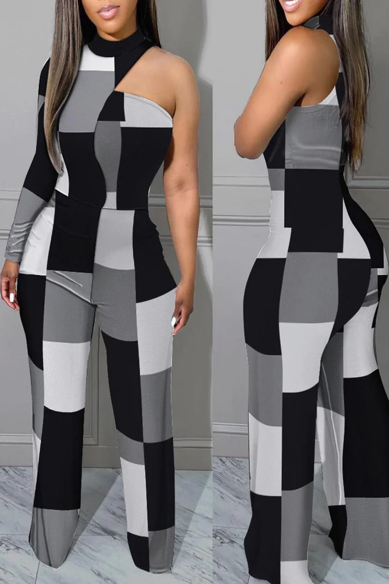 Grey Casual Print Hollowed Out Patchwork Half A Turtleneck Straight Jumpsuits | EGEMISS