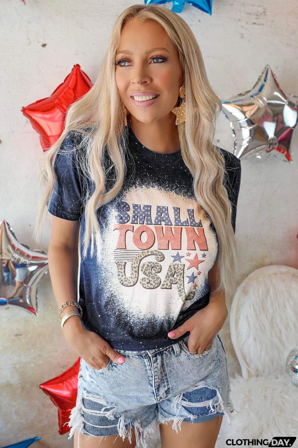 SMALL TOWN USA Graphic Print Color Block T Shirt