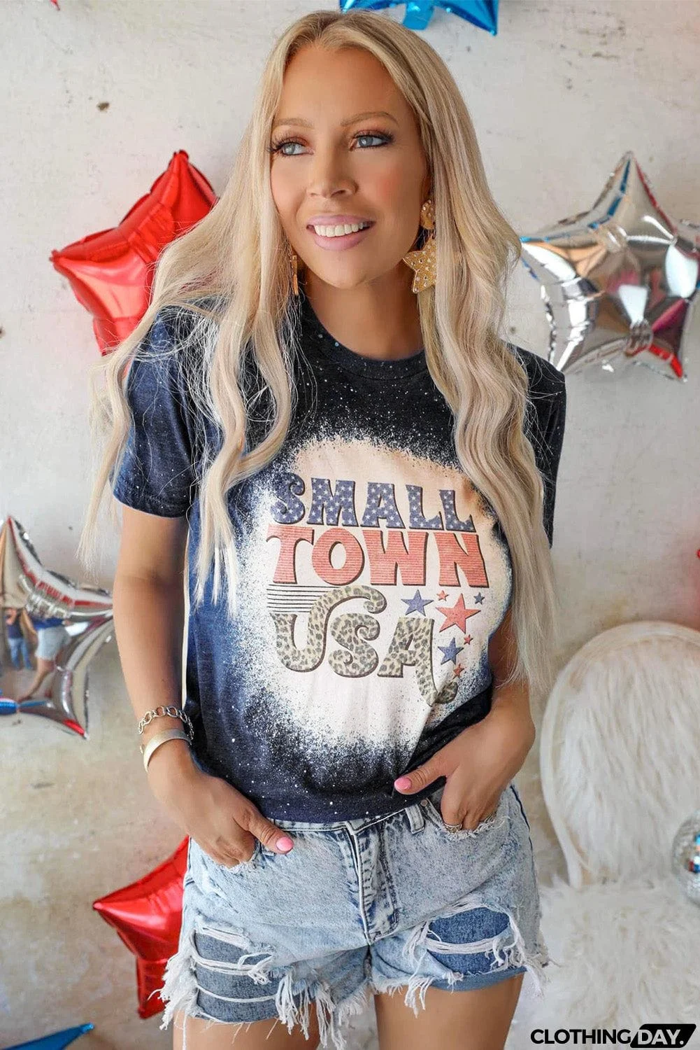 SMALL TOWN USA Graphic Print Color Block T Shirt