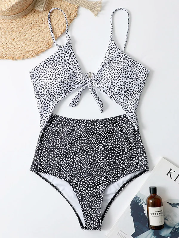Polka-Dot Tankini Hollow Knotted One-Piece Swimwear 