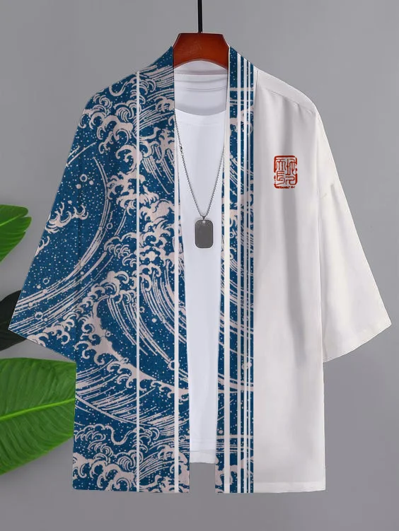 Men's Japanese Wave Art Print Casual Kimono Cardigan
