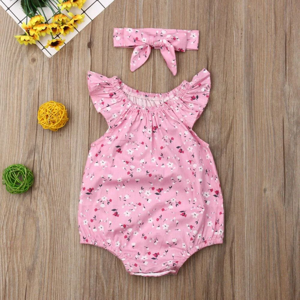 2019 Children Summer Clothing Newborn Infant Baby Girl Clothes Sleeveless Floral Bodysuit Headband 2PCS Jumpsuit Playsuit Outfit