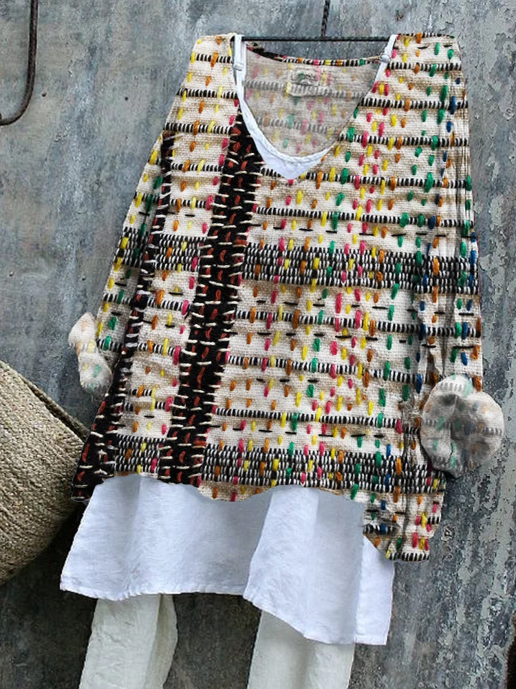 Rainbow Colorful Embroidered Stitch Textile Art Linen Blend Tunic